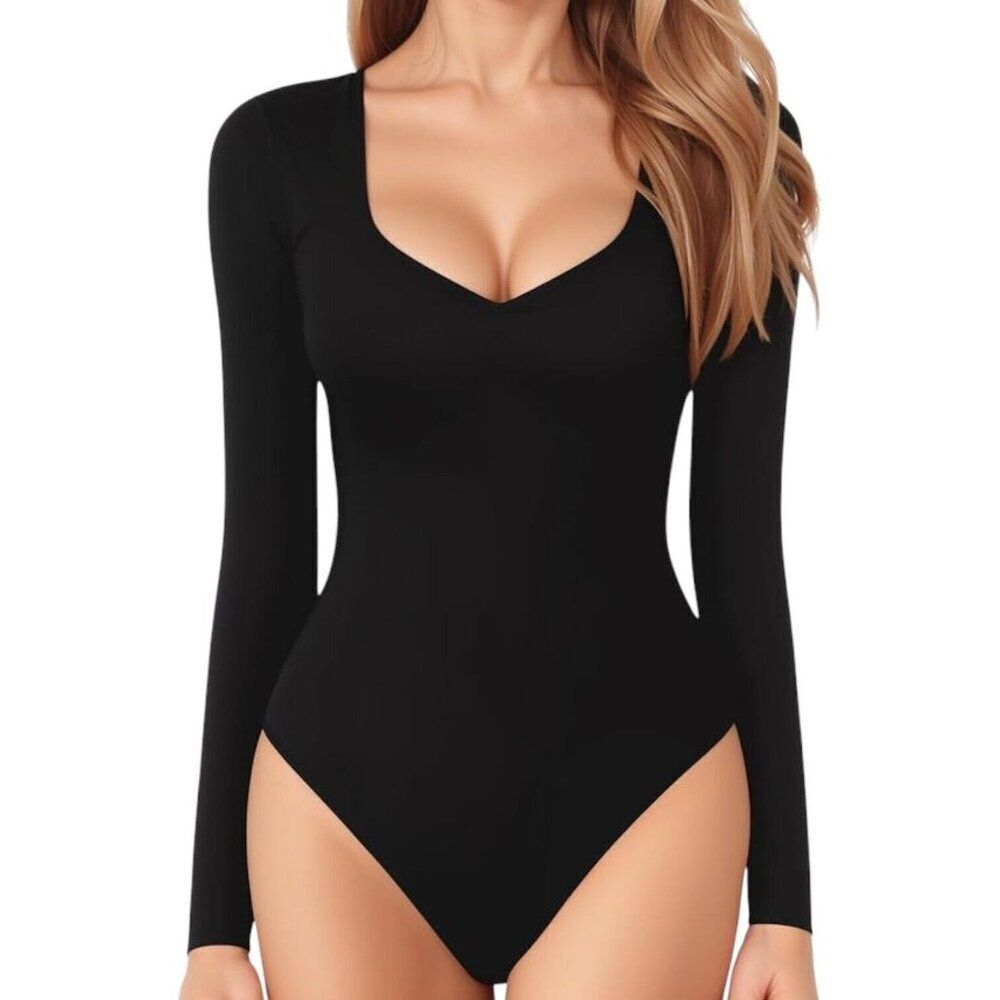 NEW MANGOPOP Sweetheart V Neck Bodysuit Long Sleeve Black Stretch Size M Women’s